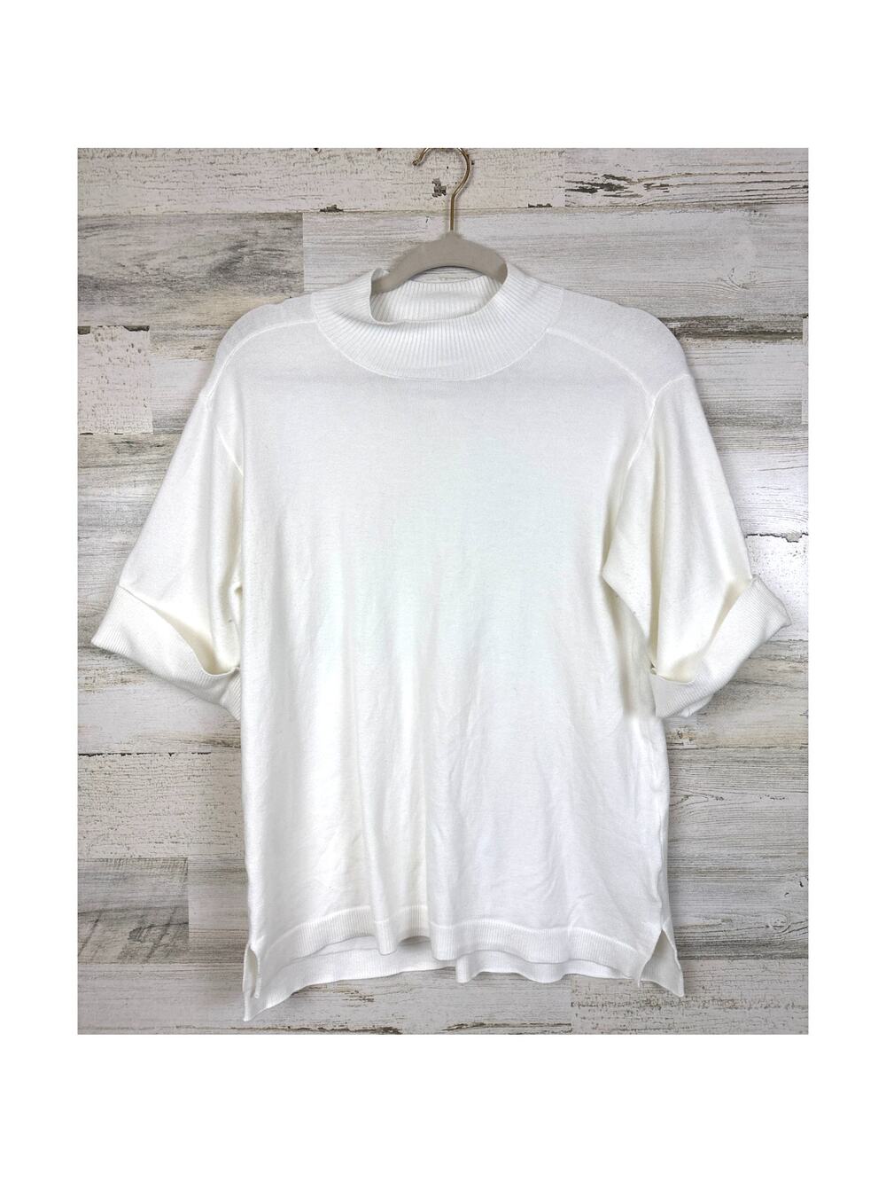 Ecru Womens L White Soft Lightweight Short Sleeve Sweater Top Casual Roll Cuff
